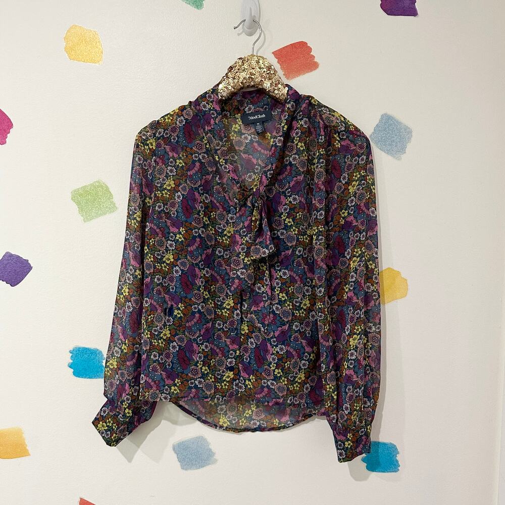 M ModCloth Blue Paisley Bow Neck Tie Long Sleeve Blouse NWT